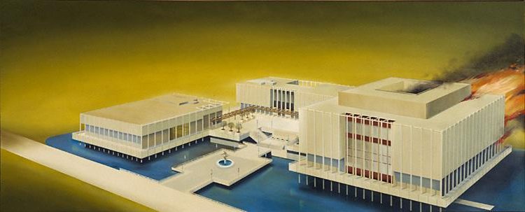 The Los Angeles County Museum on Fire, 1965–1968, by Edward Ruscha reflects a provocative critique of institutional authority in the art world.
