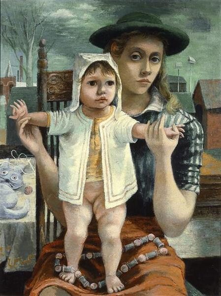 The Young Mother, 1944, by Philip Guston reflects tenderness and quiet resilience through a figurative style.