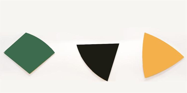 Three Panels: Orange, Dark Gray, Green, 1986 reflects the dynamic balance of contrasting colors and shapes through bold minimalism and spatial harmony.