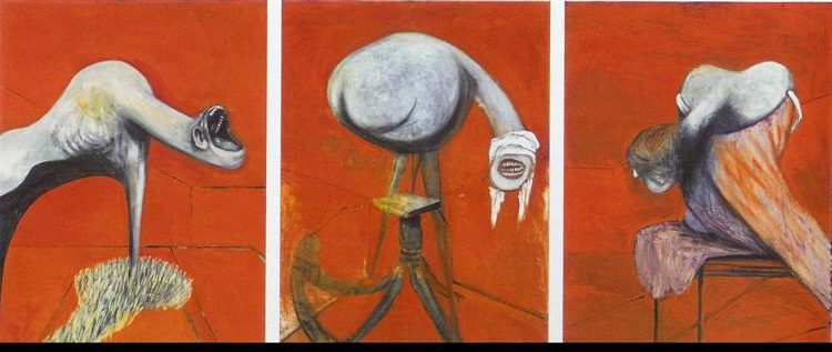 Three Studies for Figures at the Base of a Crucifixion, 1944 reflects post-war despair and primal anguish through distorted, anthropomorphic figures