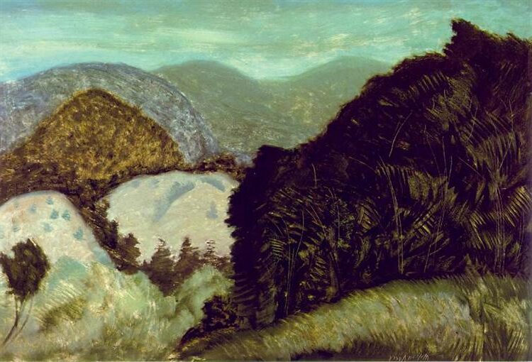 Vermont Hills, 1936, by Milton Avery reflects the gentle contours and calm presence of the natural landscape through soft color and simplified forms.