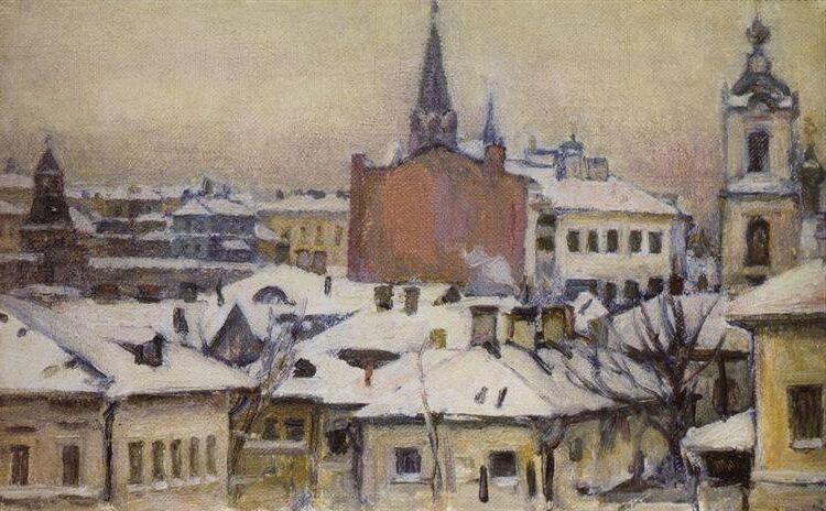 View of Kremlin, 1913, by Vasily Surikov reflects a nostalgic and reverent view of Russian history and national identity through the majestic portrayal of the Kremlin.