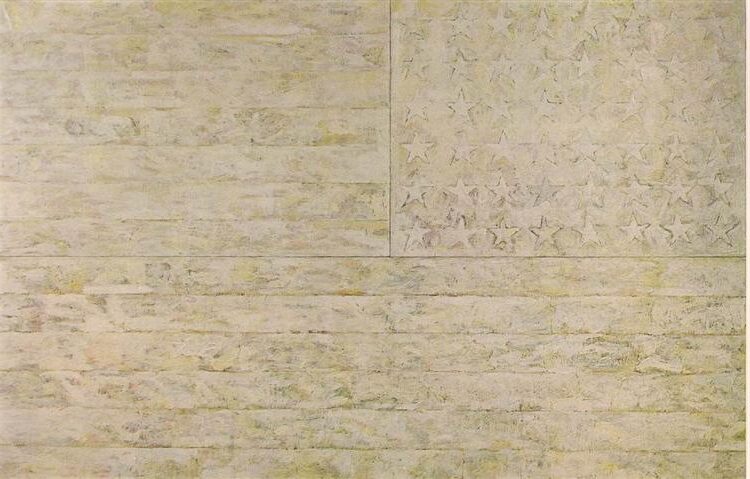 White Flag, 1955, by Jasper Johns reflects the tension between national identity and artistic expression through the familiar symbol of the American flag.