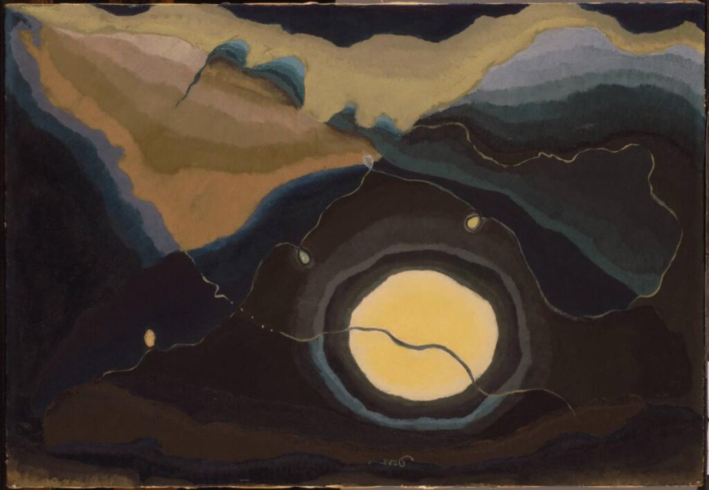 Me and the Moon, 1937, by Arthur Dove reflects a personal and mystical connection to the night sky through abstract forms and poetic symbolism.