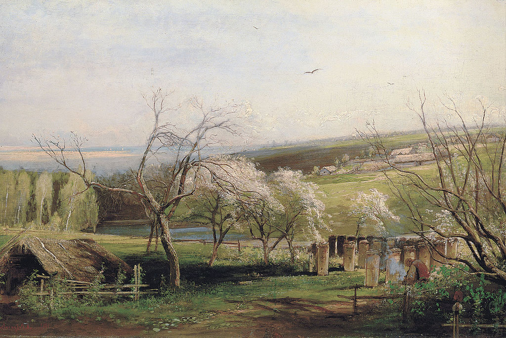 Rustic View, 1867, by Alexei Savrasov showcases a quiet rural scene with trees and cottages.