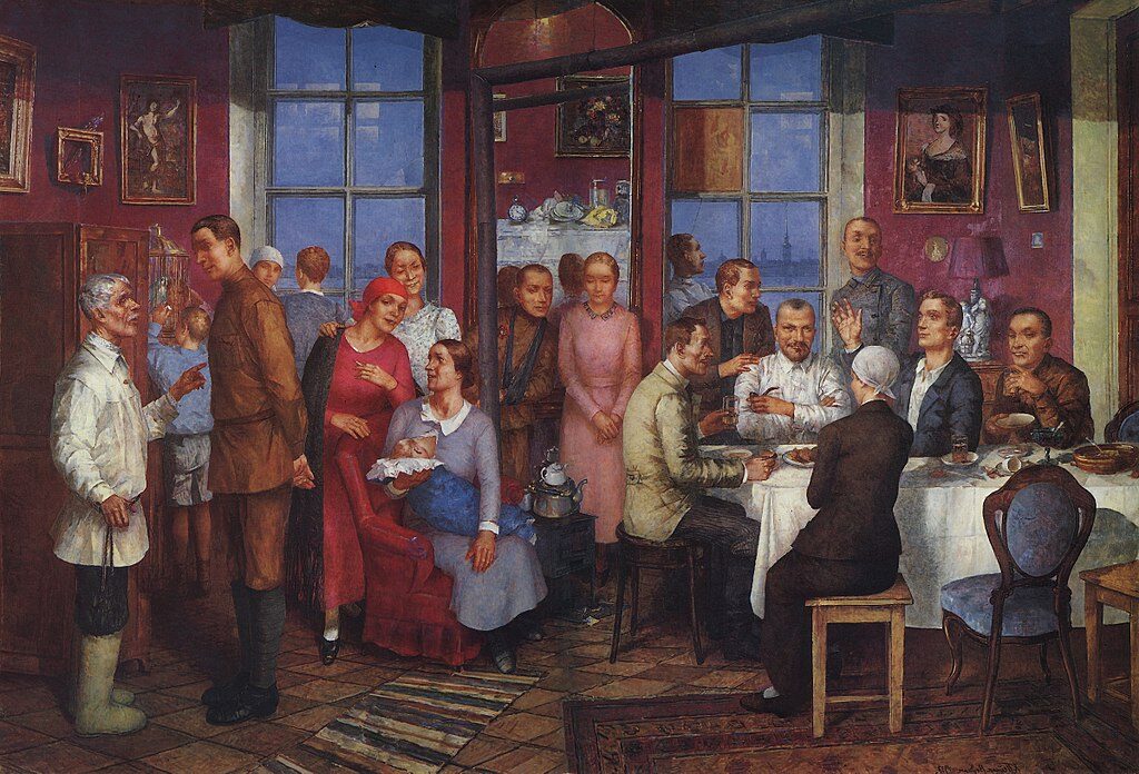 House-warming Party, 1937, by Kuzma Petrov-Vodkin reflects a sense of communal joy and resilience during a period of social transition.