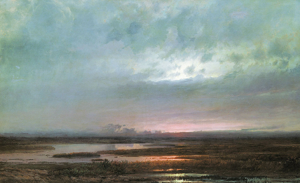Sundown over a Marsh, 1871, by Alexei Savrasov reflects the tranquil beauty of the Russian landscape at dusk.