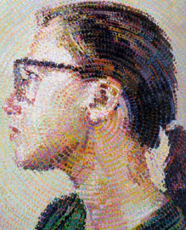 Cindy II, 1988, by Chuck Close reflects a deep exploration of identity and image through a pixelated, photorealistic portrait