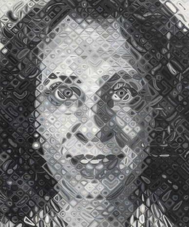 Leslie, 2007, by Chuck Close reflects a vibrant synthesis of abstraction and realism through a mosaic-like grid
