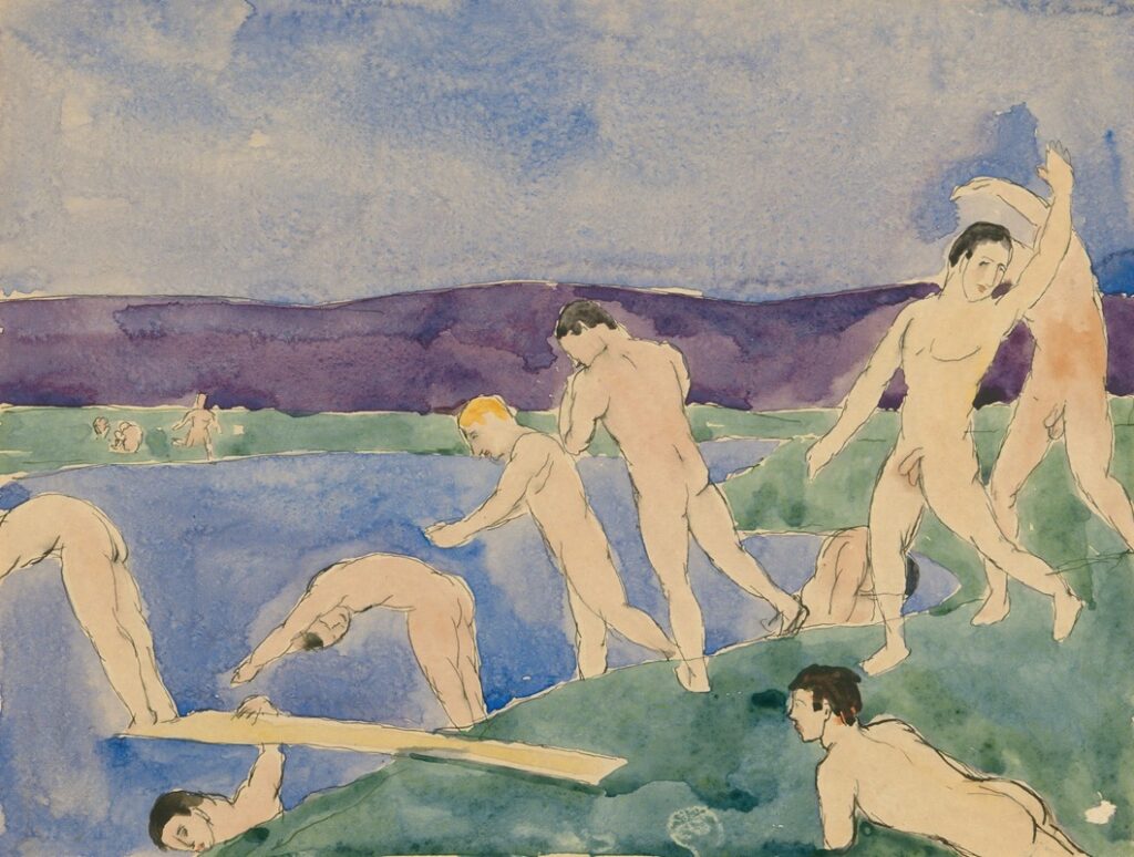 Twelve Nude Boys at the Beach, ca. 1914 reflects youthful freedom and the playful innocence of camaraderie within a natural setting.