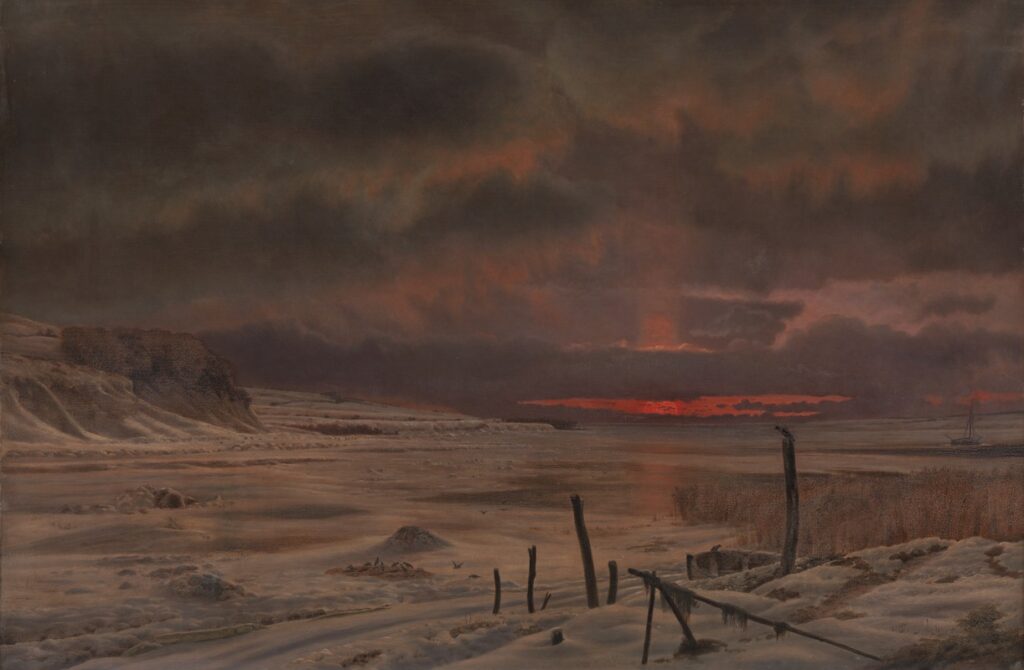 A Winter’s Evening by a Danish Fiord (1875) symbolizes nature’s quiet endurance through harsh seasons.