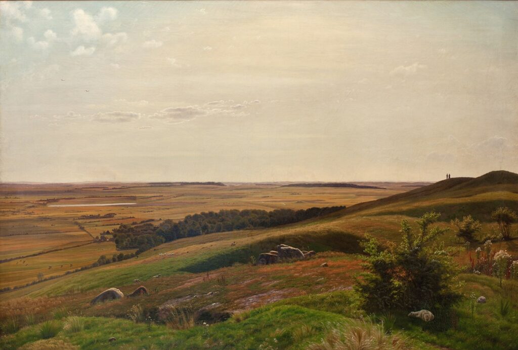 Bjerglide i nærheden af Horsens. Eftermiddag (1858) reflects the quiet majesty of everyday nature and emphasizes a romantic appreciation for rural Denmark.
