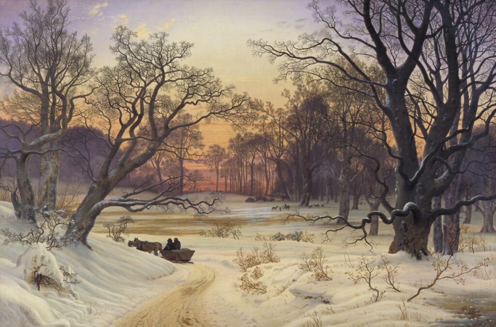 Winter Night in a Forest (1853) by Vilhelm Kyhn reflects solitude, the resilience of nature through winter's harshness.