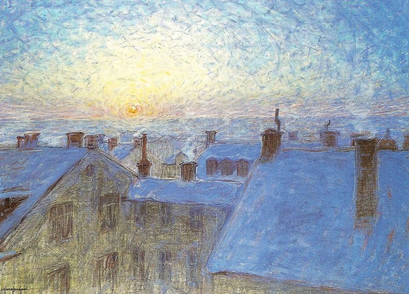 Sunrise over the Rooftops, 1903, by Eugène Jansson reflects the early morning light breaking over a cityscape.