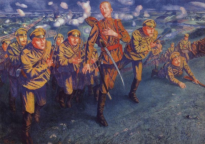 On the Line of Fire, 1916, by Kuzma Petrov-Vodkin captures the harrowing atmosphere of war.