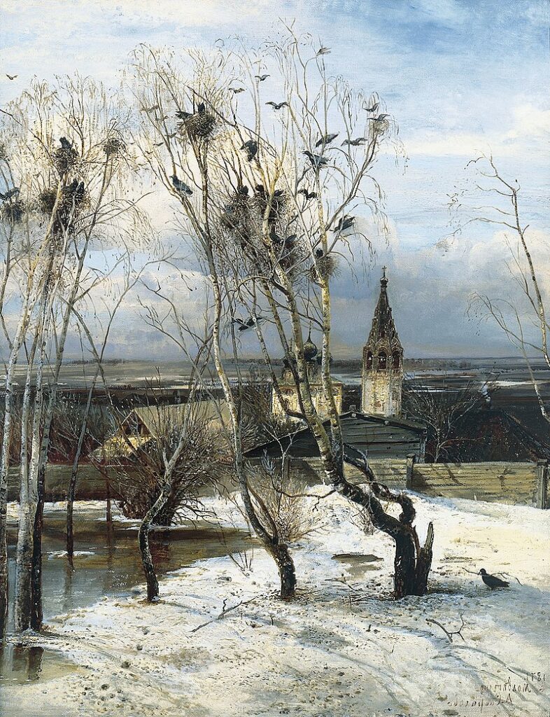 The Rooks Have Returned, 1871, by Alexei Savrasov reflects the quiet rebirth of nature in early spring.