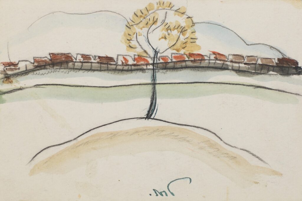 Fall Brook Railroad, circa 1934 reflects the meeting of industrial progress and natural landscape through abstracted forms and dynamic composition.
