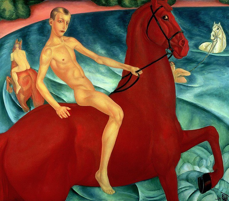 Bathing of a Red Horse, 1912 by Kuzma Petrov-Vodkin reflects themes of purity, youthful strength, and a pre-revolutionary Russia on the cusp of transformation.