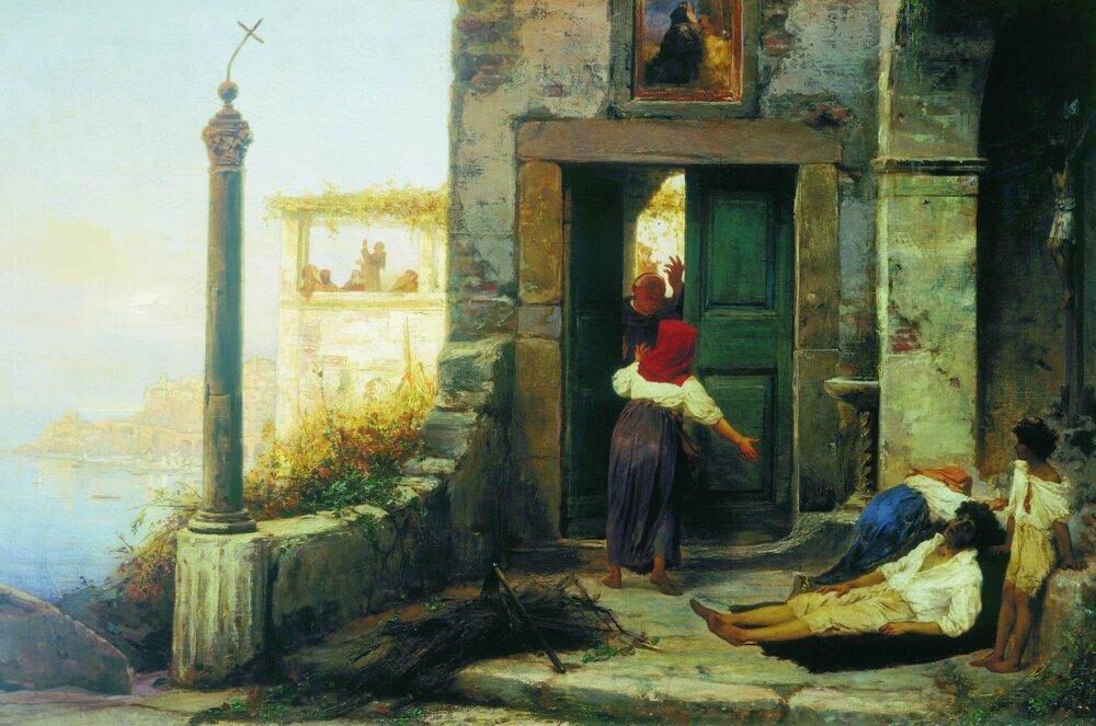 Sick Man at the Walls of a Monastery, 1902 by Fyodor Bronnikov reflects themes of suffering, mortality, and the spiritual hope found in faith or sanctuary.