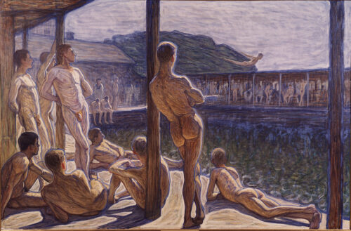 Naval Bathhouse, 1907, by Eugène Jansson reflects Jansson’s fascination with the male form, physical vitality, and the interplay of light on flesh and water.