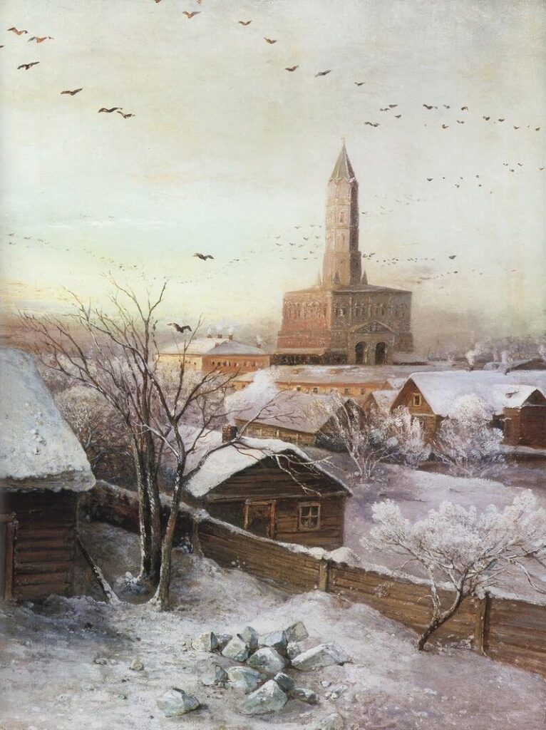 Sukharev Tower, 1872, by Alexei Savrasov reflects historical Moscow through a tranquil urban landscape.