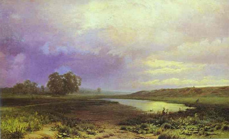 Wet Meadow, 1872 by Fyodor Vasilyev reflects the quiet harmony between land and sky in the aftermath of rain.