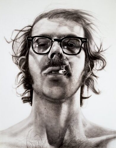 Big Self-Portrait, 1968, by Chuck Close reflects the raw intensity of self-examination through monumental scale and meticulous photorealistic detail.