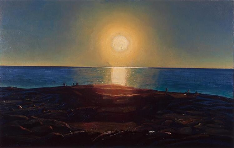 Calm and Free (Maine Coast), 1909, by Rockwell Kent reflects a meditative solitude in nature’s raw beauty.