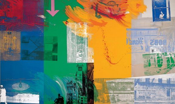 Catch (Urban Bourbon), 1993, by Robert Rauschenberg reflects the vibrancy and complexity of urban culture through energetic layering.