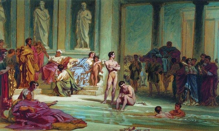 In the Roman Baths, 1865 by Fyodor Bronnikov emphasizes the Roman ideals of hygiene, leisure, and communal interaction.