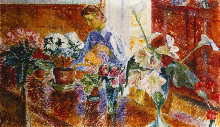 Interieur mit Blumen gießender Frau (1920s) by Isaac Grünewald