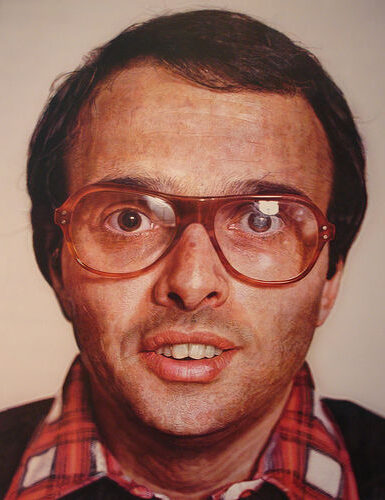 Mark, 1979, by Chuck Close reflects the fusion of analytical precision and human presence through a grid-based, photorealistic portrait