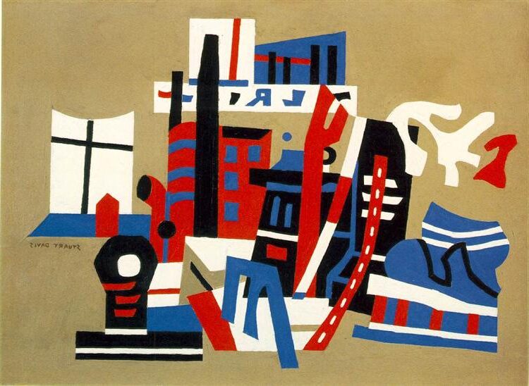 New York Waterfront, 1938, by Stuart Davis reflects the industrial vitality and visual complexity of urban life through bold shapes and dynamic composition.